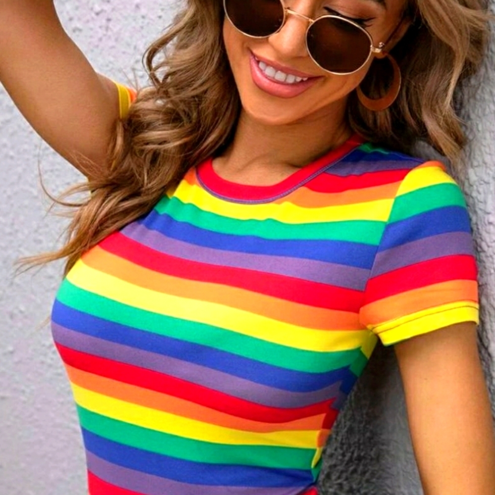 Rainbow multicolored stripe short sleeve crew neck top